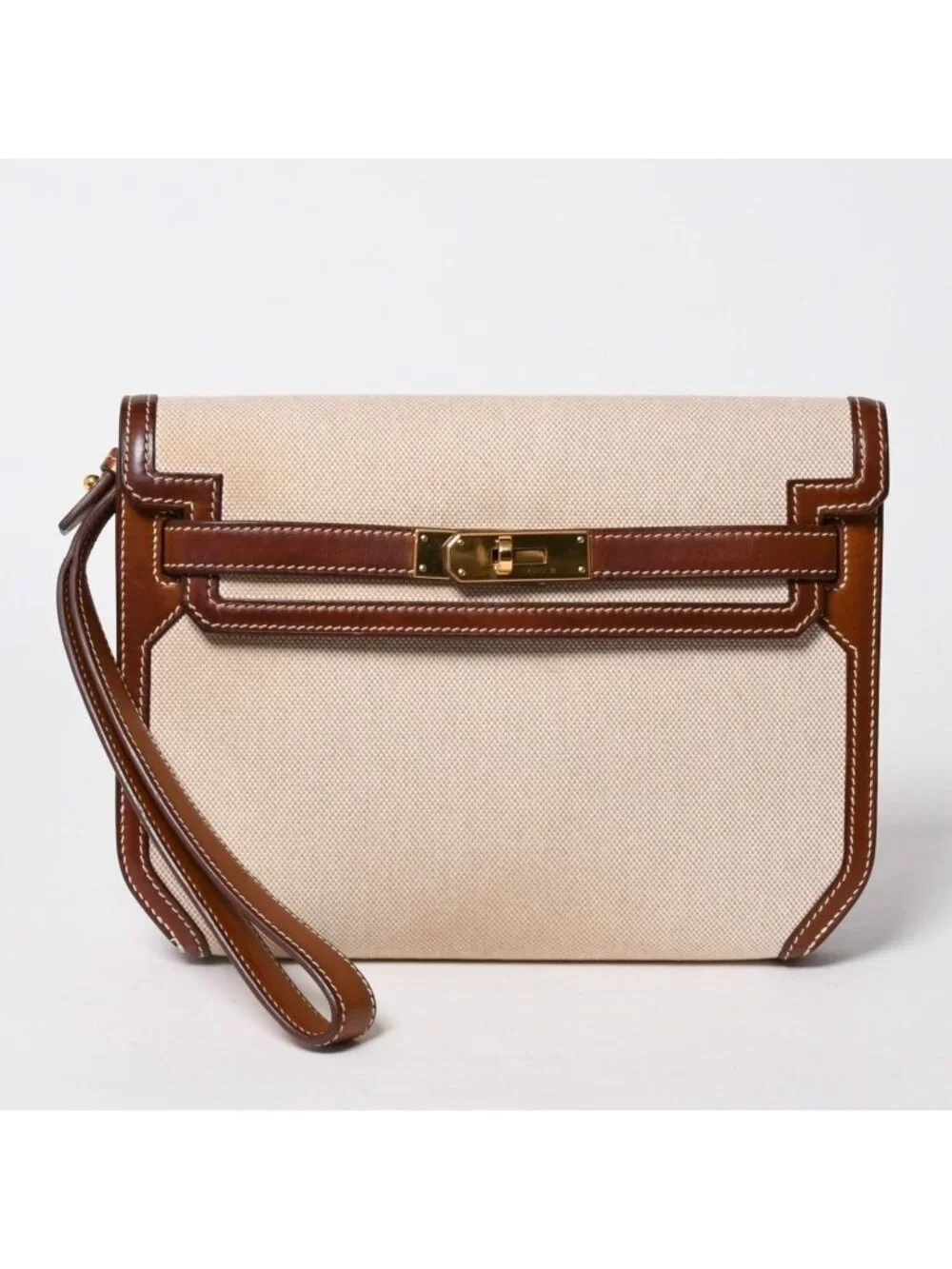 Hermes Kelly Depeches 25 Clutch Beige Brown Toile H Barenia Time